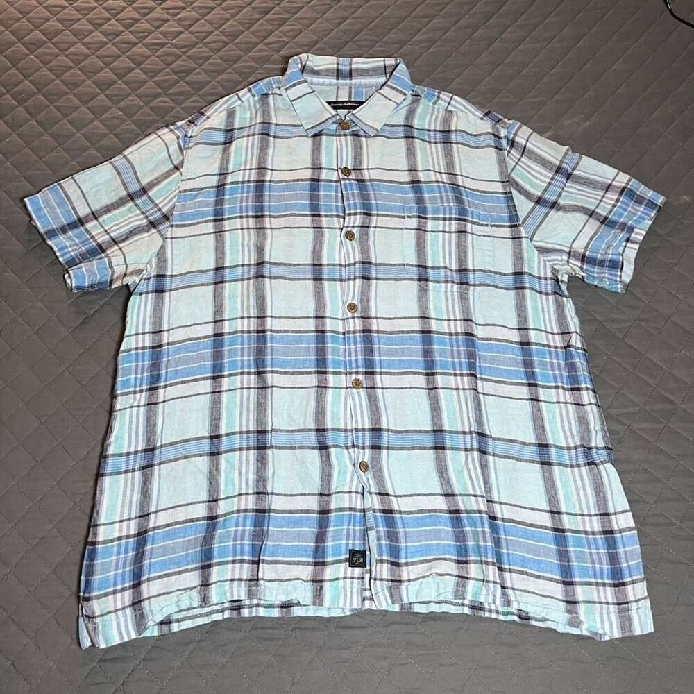 Tommy Bahama Men’s XL Plaid Linen Shirt Relax Blue Short Sleeve